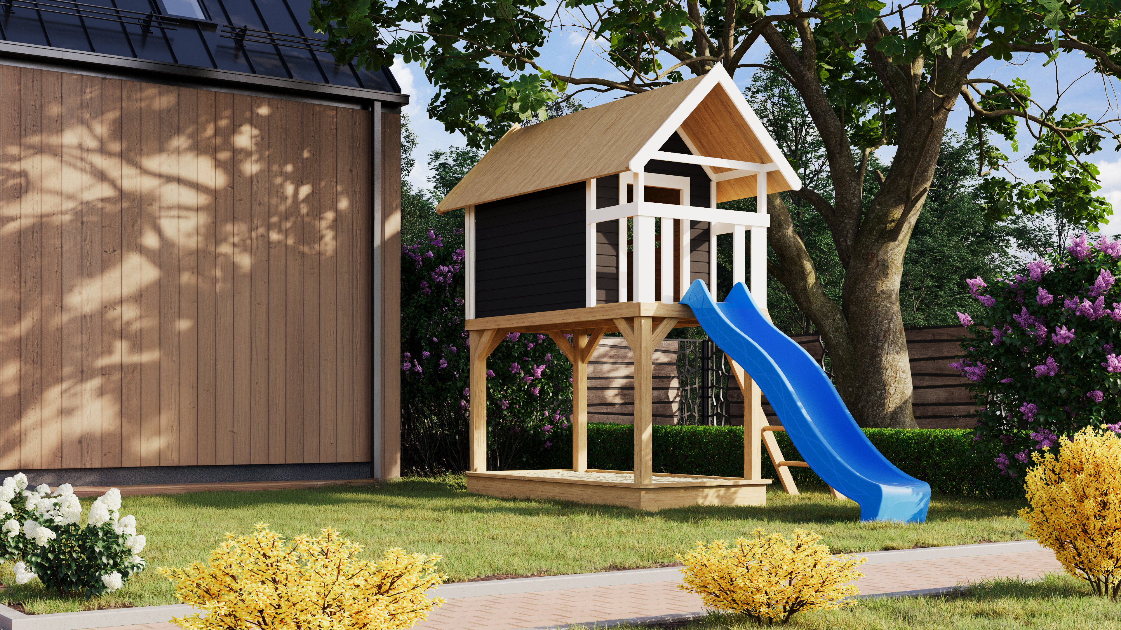 Stilt house large terra grey with slide blue / Clearance