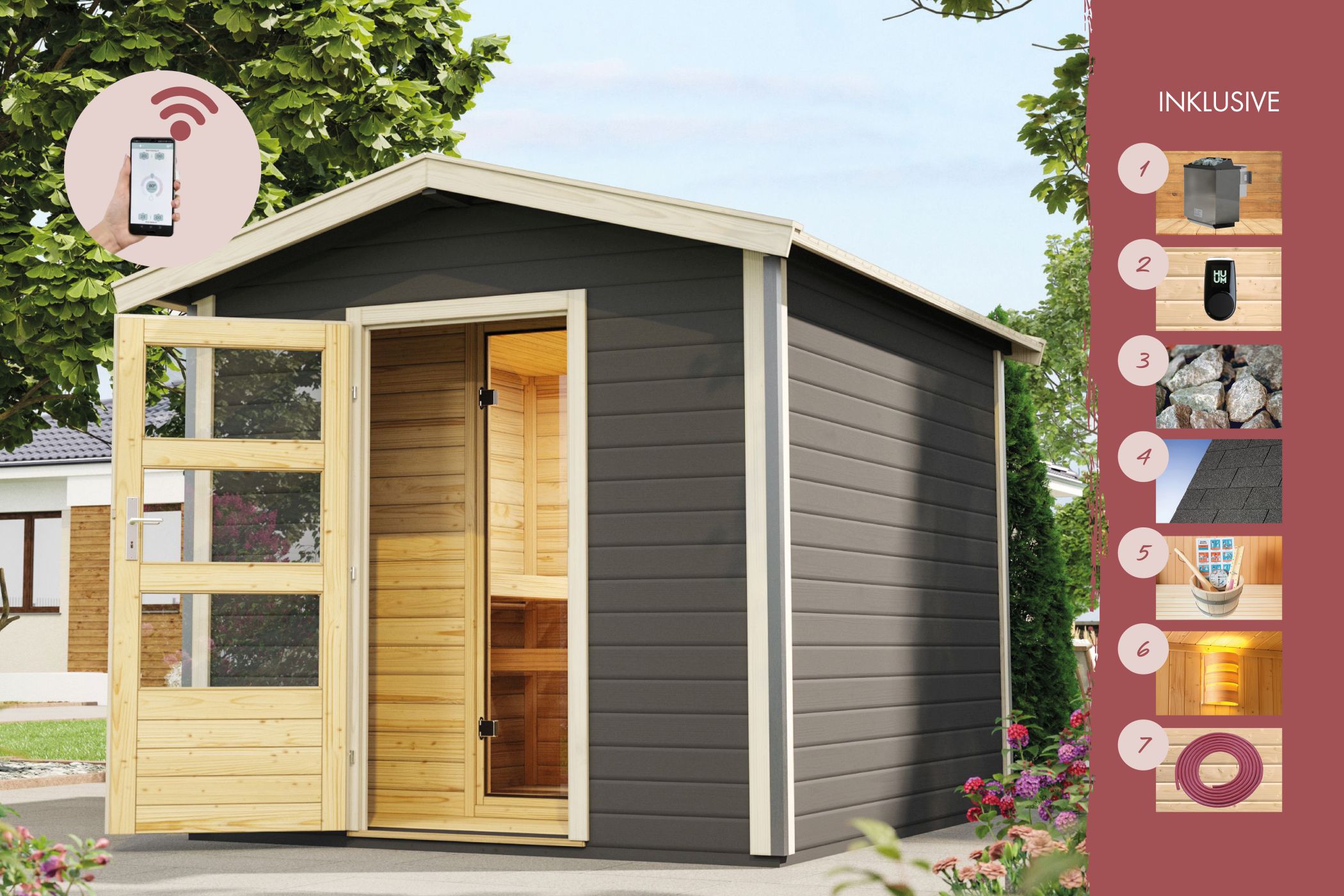 Sauna house Jonte 1 with anteroom terra grey / + HUUM WIFI control unit savings set