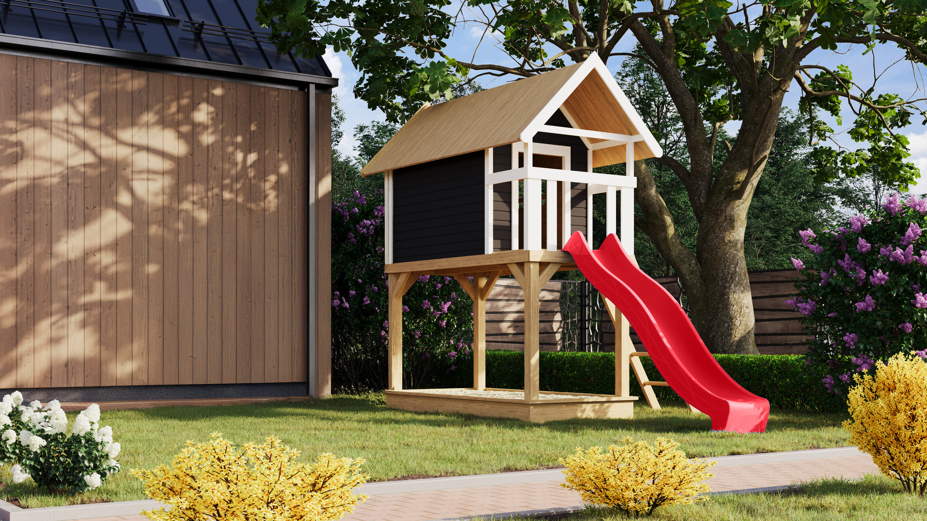 Stilt house large terra grey with slide red / Clearance