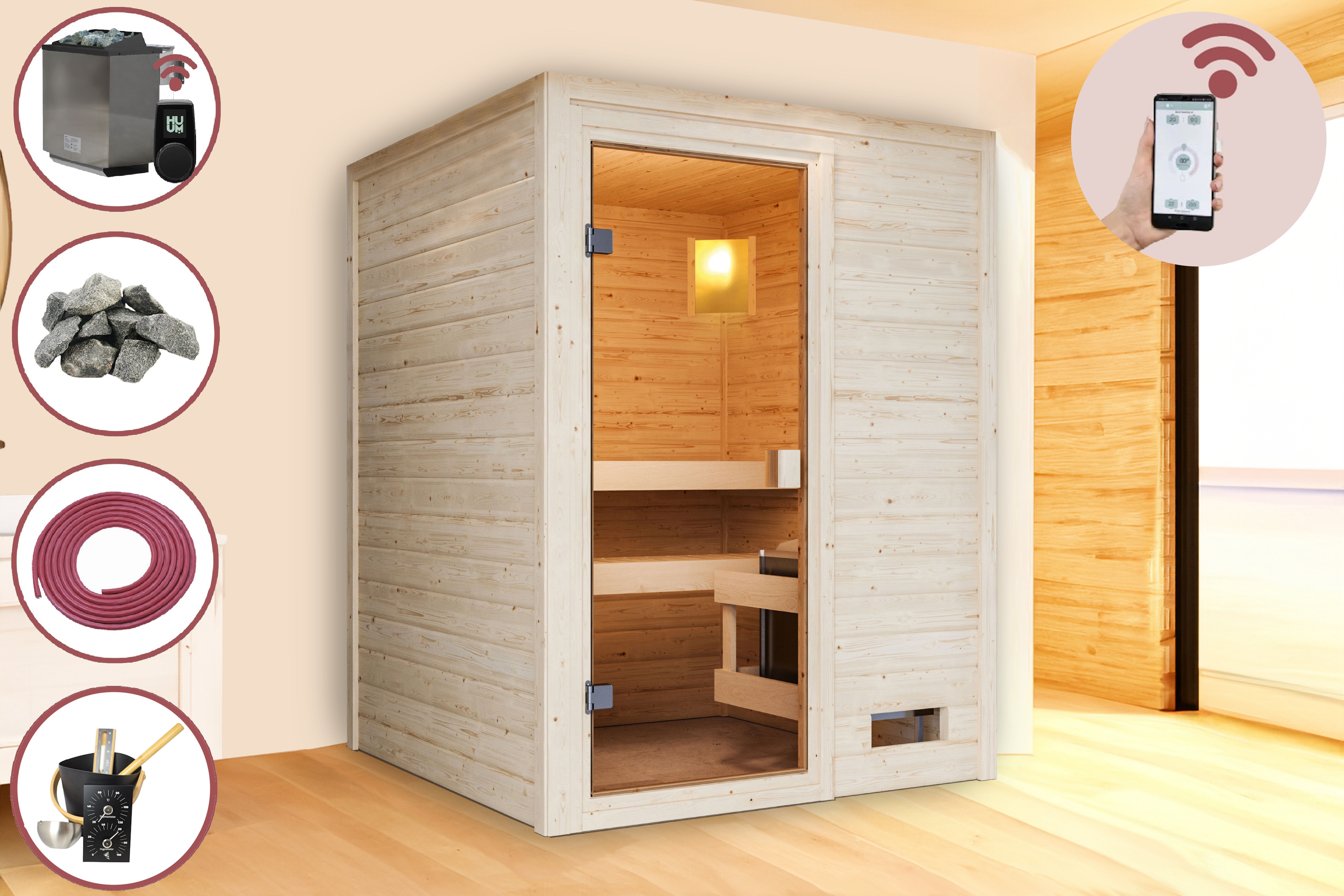 Sauna Mila 1 im Sparset / 9kW Bio-Ofen mit HUUM Wifi Steuerung