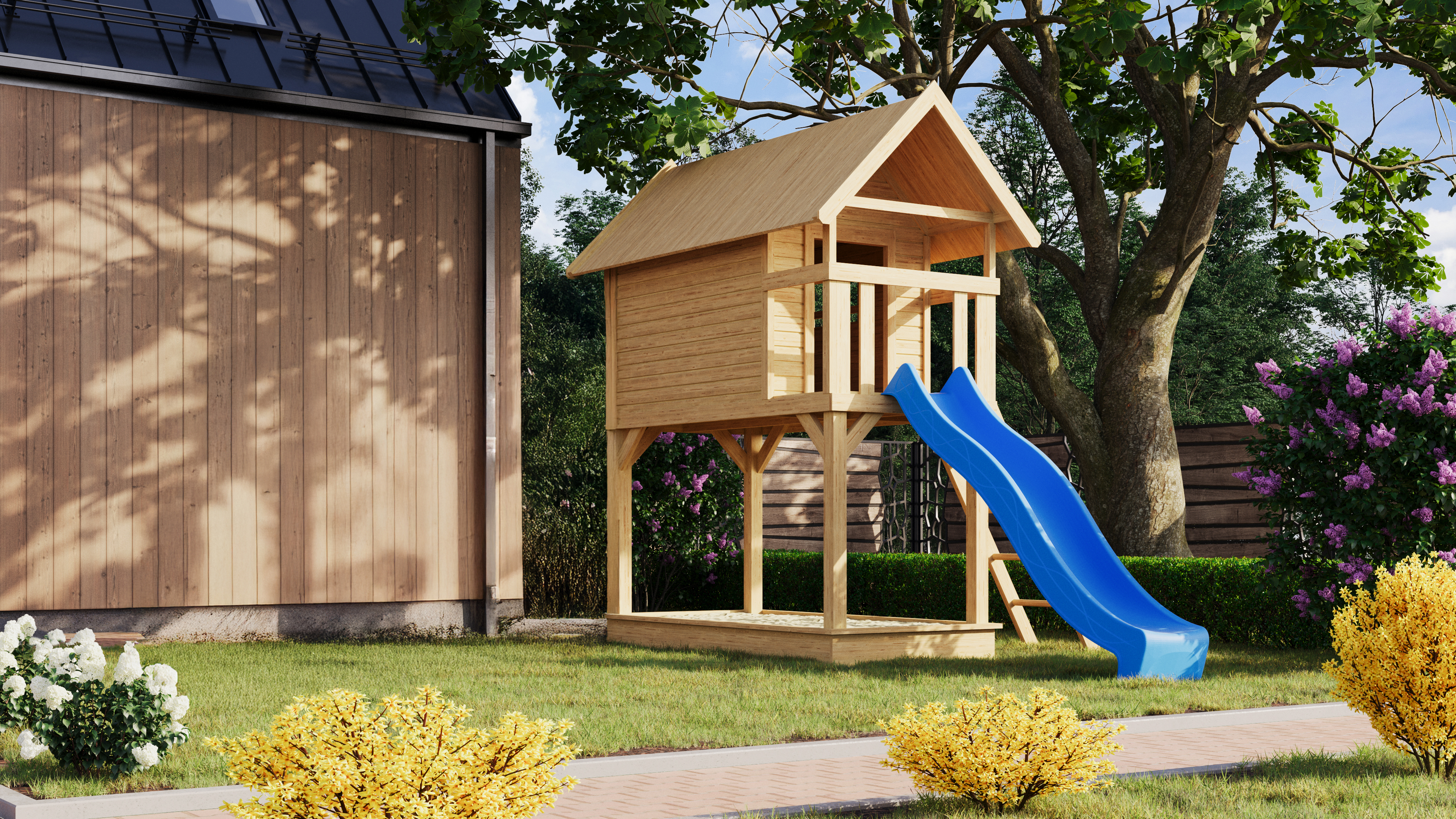 Stilt house large natural with slide blue / Clearance