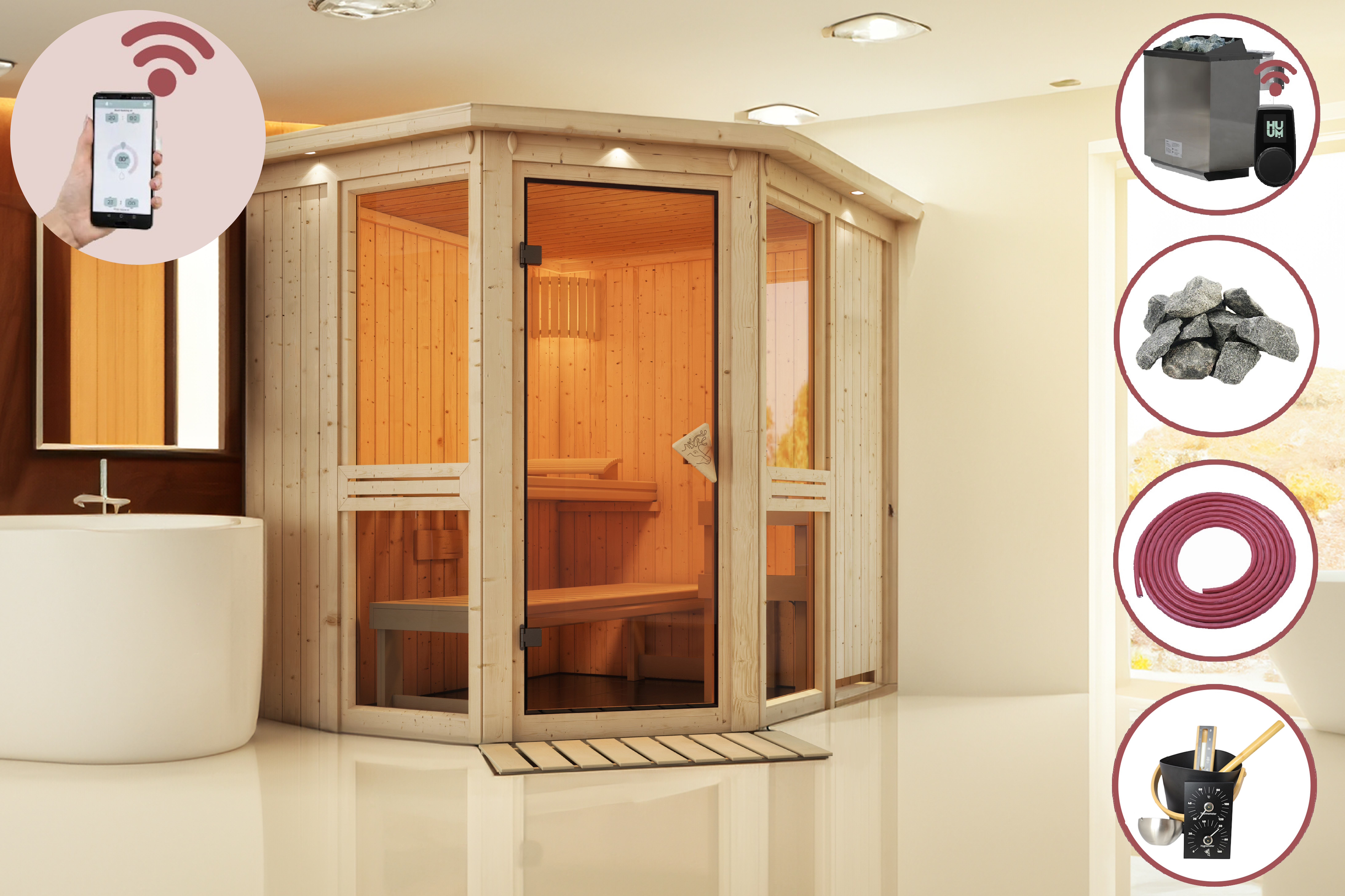 Sauna Marla 3 im Sparset / 9kW Bio-Ofen mit HUUM Wifi Steuerung