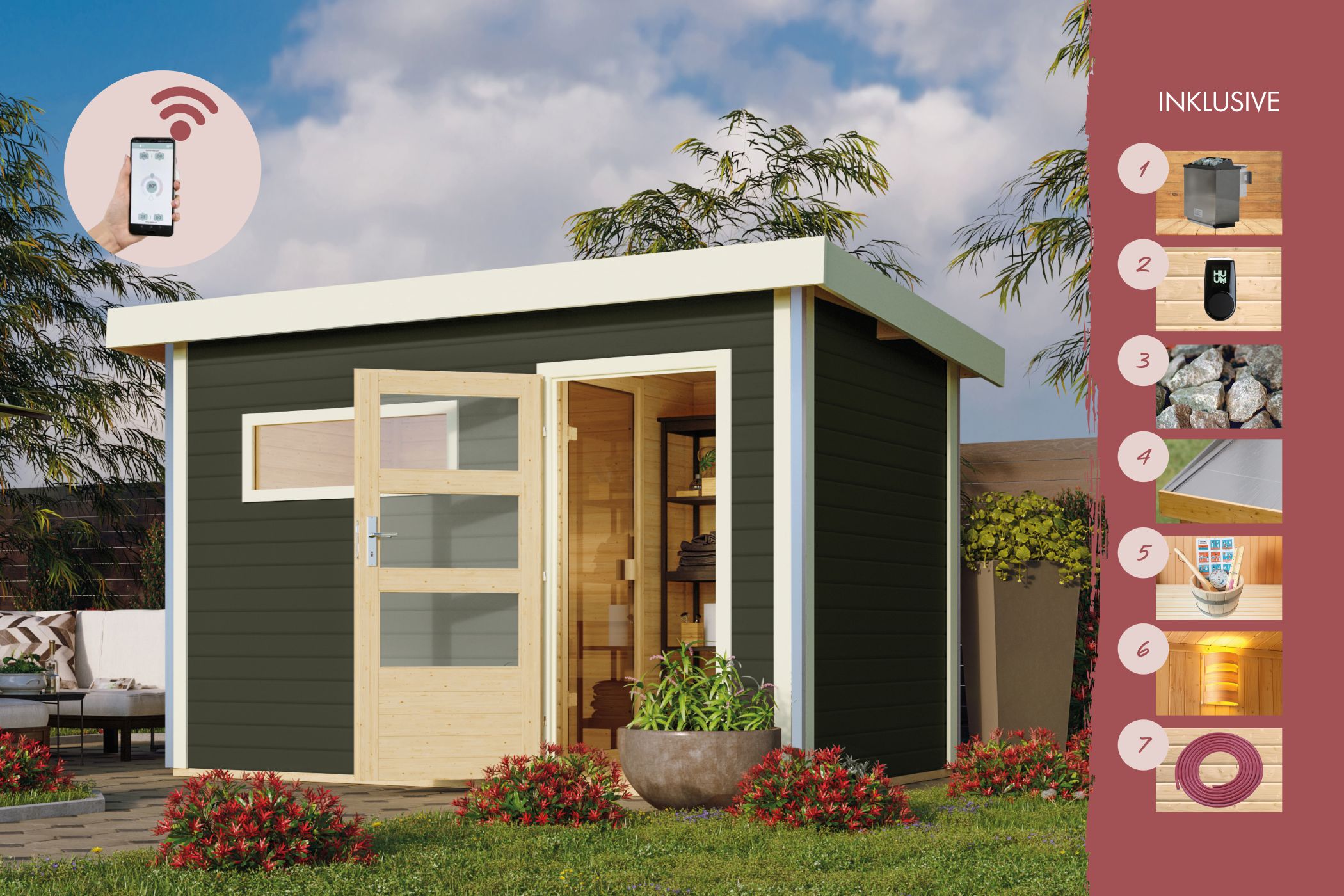 Sauna house Joost 1 with anteroom terra grey / + HUUM WIFI control unit savings set