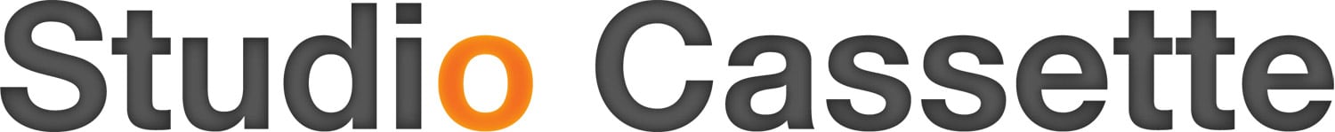 Logo with studio cassette on white background.