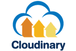 A Cloudinary logo integrated into a Wordpress plugin, with arrows pointing upwards to optimize image management.