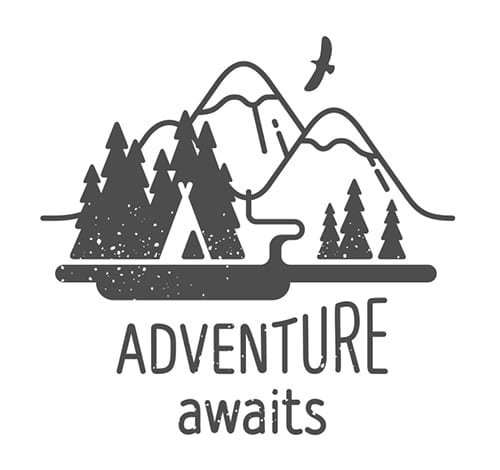 An adventure awaits the logo with a tent and mountains.