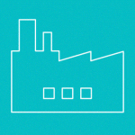 A factory icon on a turquoise background.