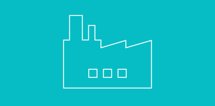 A factory icon on a turquoise background.