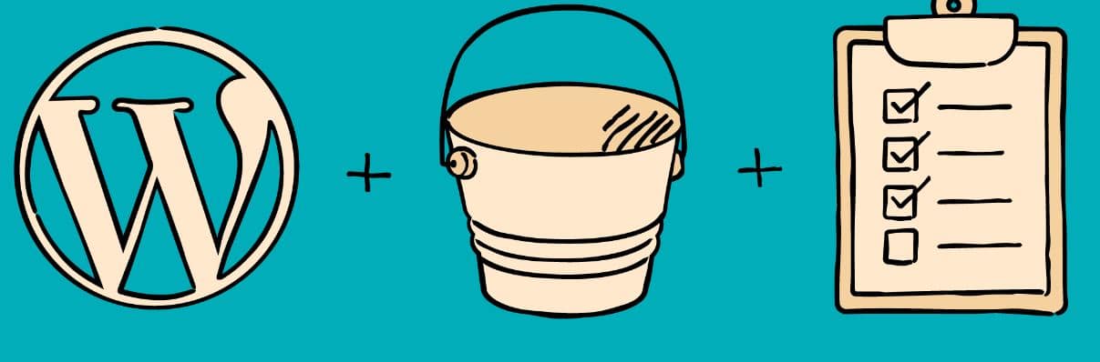 A bucket with the words wordpress and a clipboard.