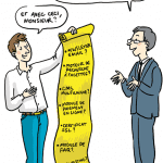 A cartoon of a man holding a yellow sheet of paper.