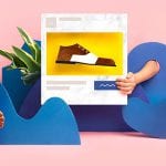 A person promoting a shoe with a photo on a blue background.
