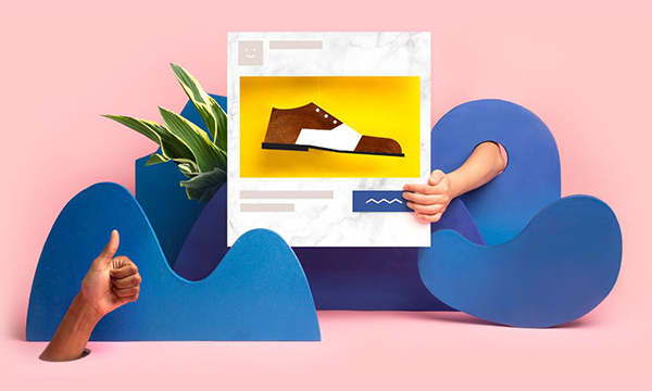 A person promoting a shoe with a photo on a blue background.