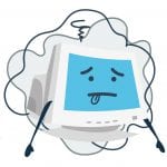 A computer with a sad face and wires.