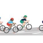 A group of people riding a bicycle on a white background.