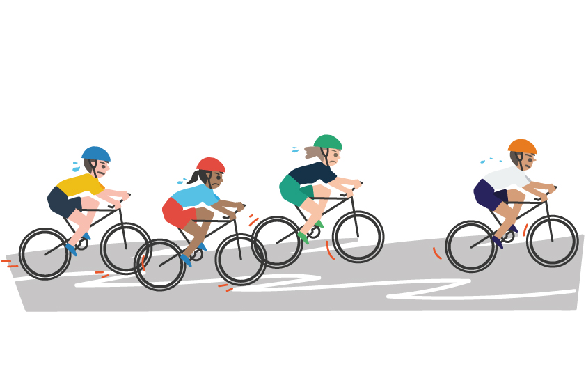 A group of people riding a bicycle on a white background.
