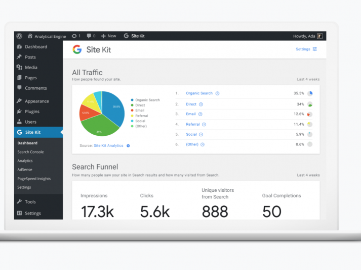 A laptop displaying a WordPress dashboard using the Site Kit plugin.