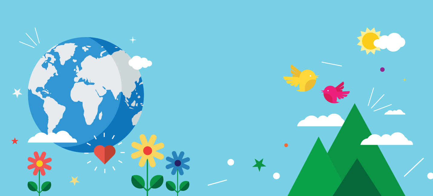 A representation of the earth highlighting Corporate Social Responsibility with flowers and birds.