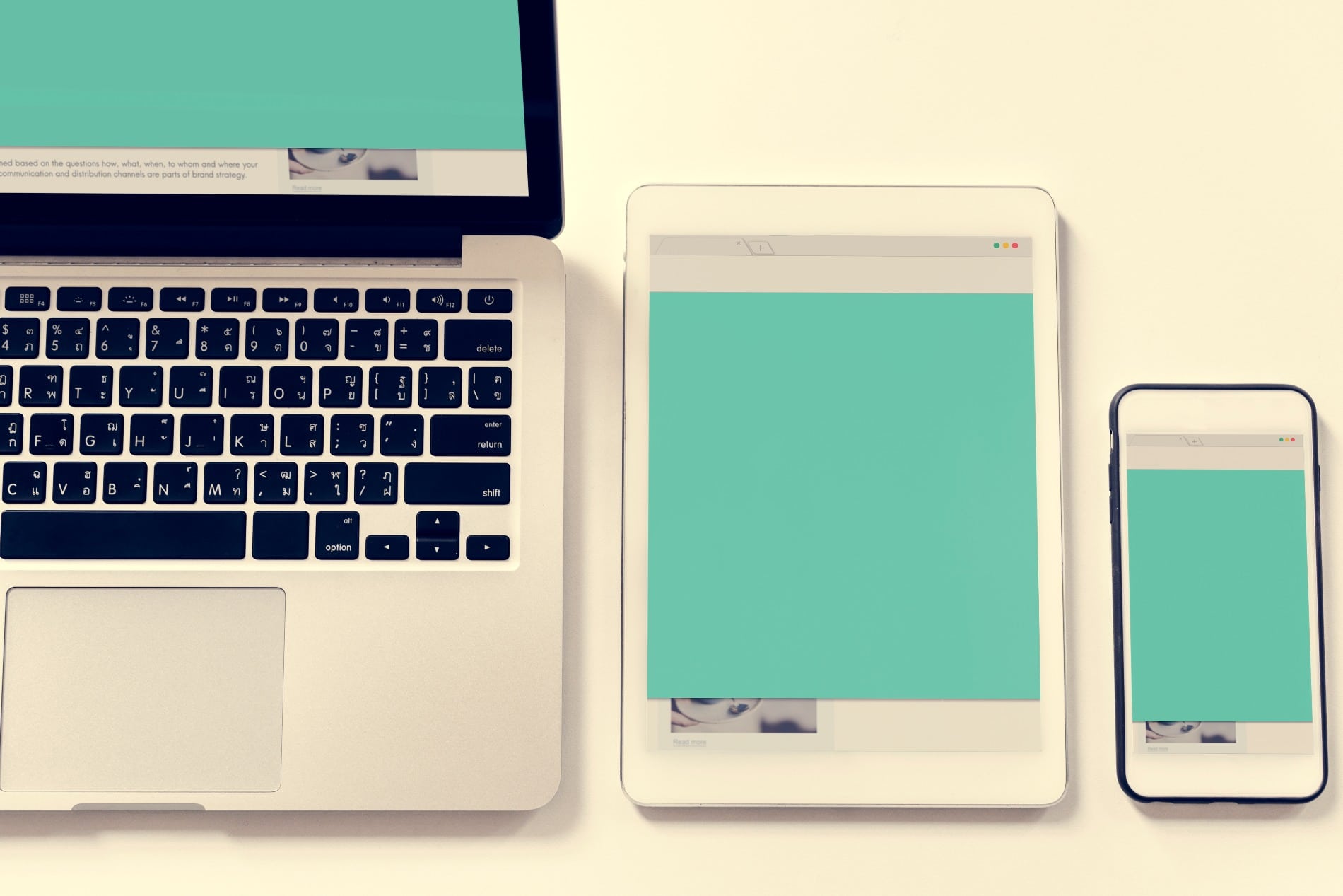 A responsive device with a green screen.