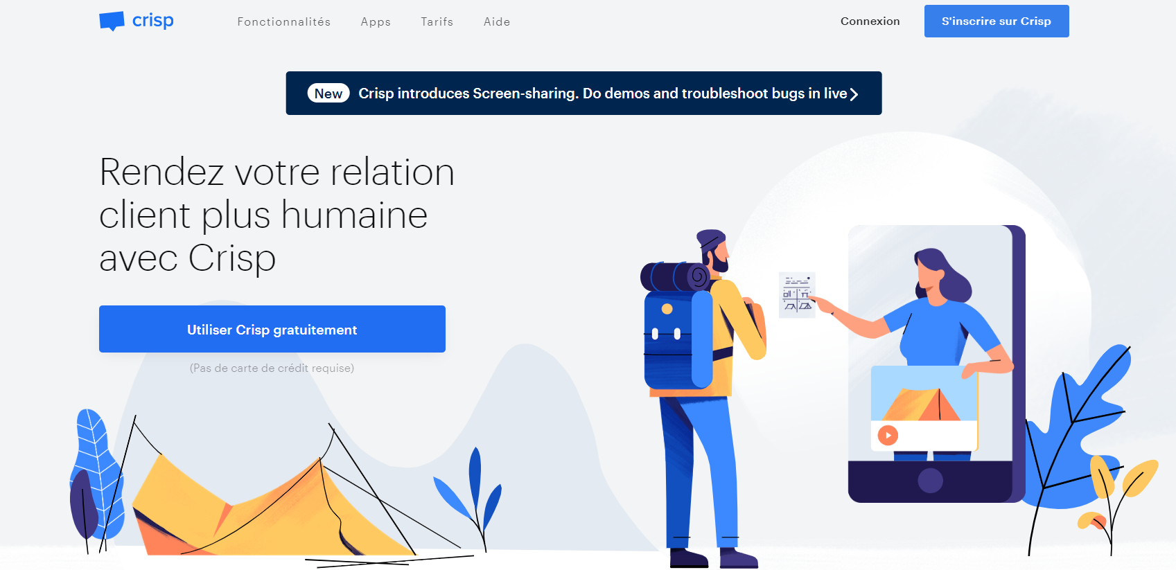 A website with a clear image of a man holding a phone and a woman holding a camera.