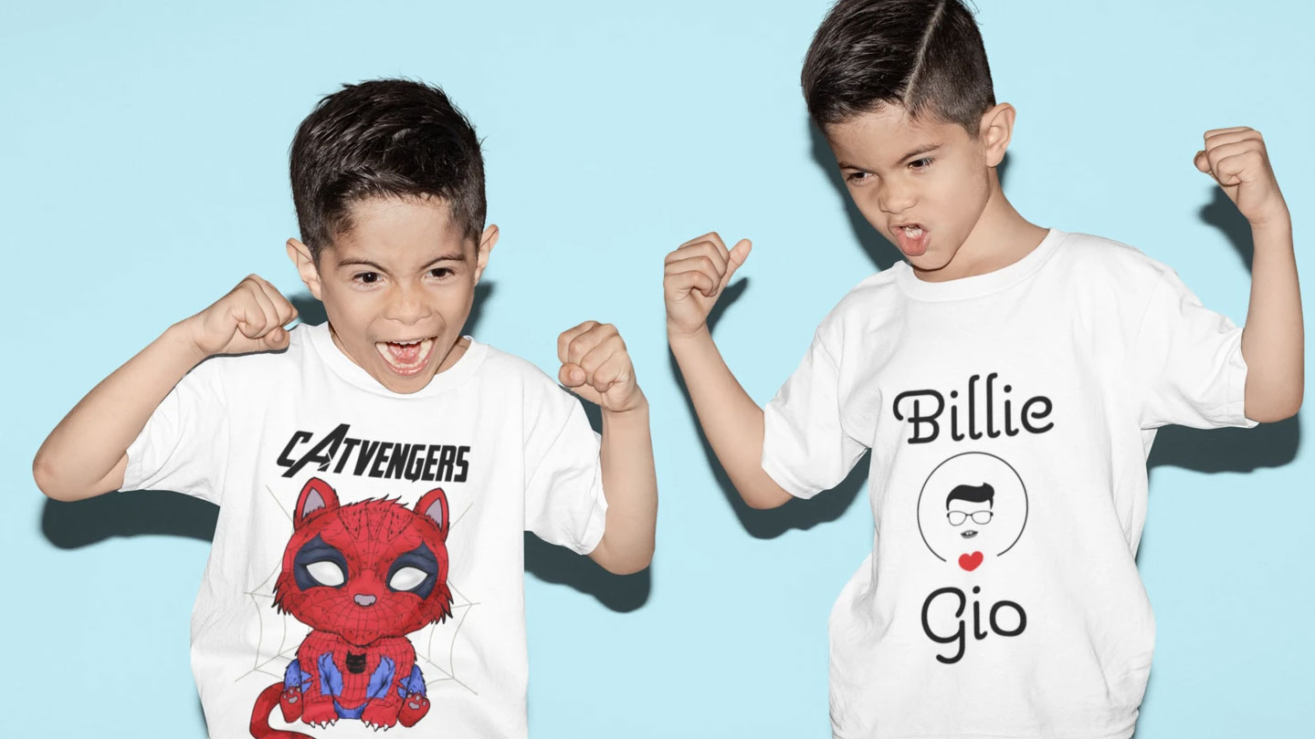 Two sick children wearing personalized t-shirts with their names on them, found on an online store.