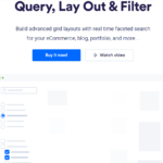 WP Grid Builder plugin interface displaying popular plugin icons like WooCommerce and ACF, with faceted search options and buttons to buy now or watch a video, ideal for advanced search systems on WordPress.