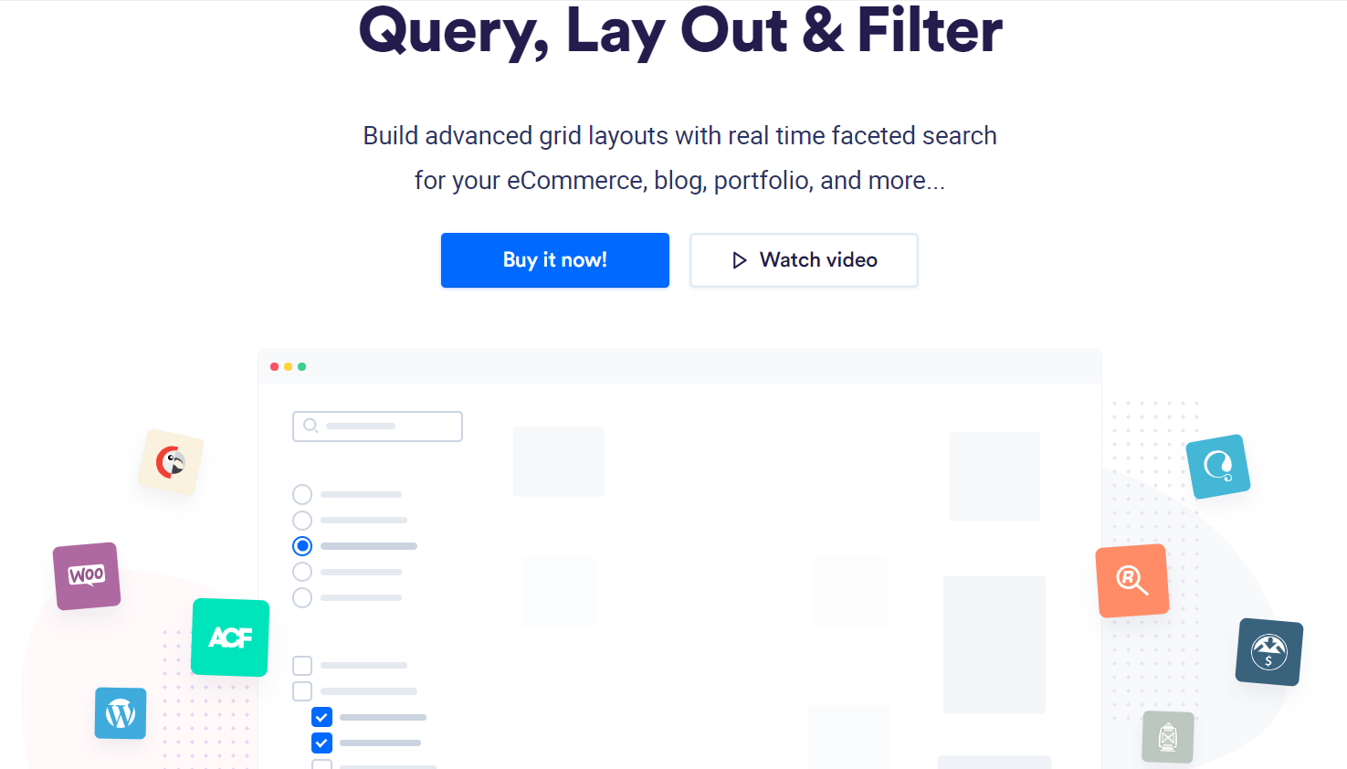 WP Grid Builder plugin interface displaying popular plugin icons like WooCommerce and ACF, with faceted search options and buttons to buy now or watch a video, ideal for advanced search systems on WordPress.