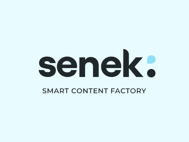 The Senek logo, accompanied by the slogan "Smart Content Factory", is elegantly placed on a serene light blue background.