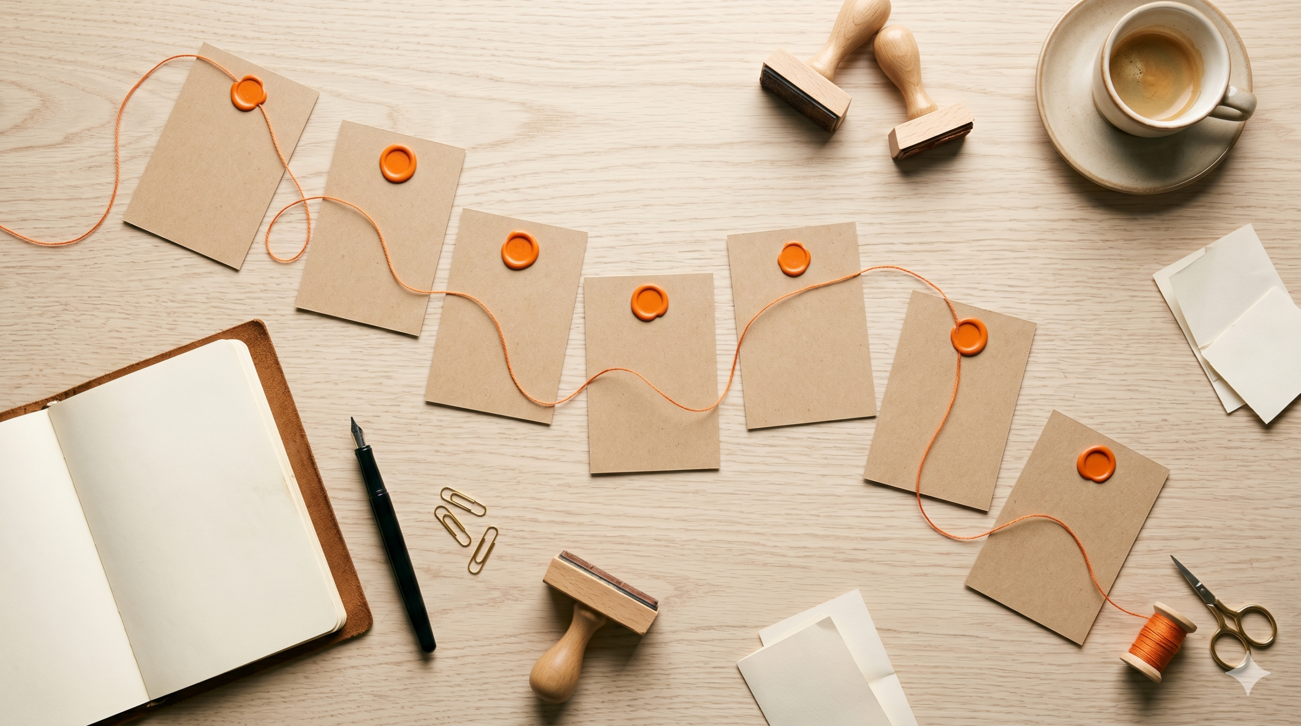 A desk with orange wax-sealed envelopes, a coffee cup, a notebook, a pen, scissors, stamps, paper clips, and a neatly arranged spool of orange string.