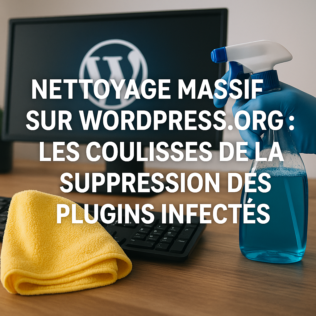 A computer screen displaying the WordPress logo is placed on a desk, with a yellow cloth and a spray bottle in the foreground. French text about cleaning infected WordPress plugins is superimposed on the image.