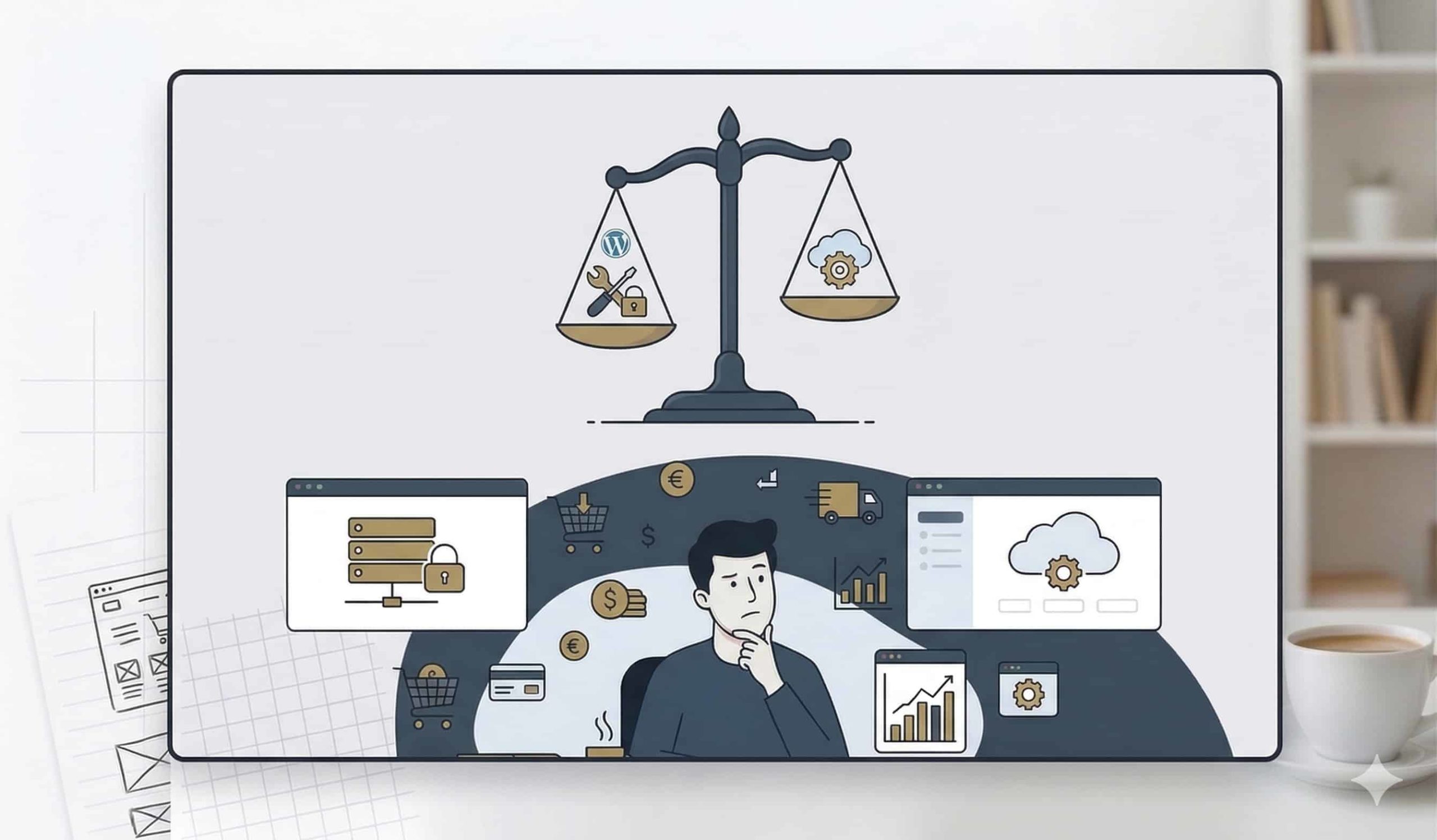 Illustration of a person reflecting under a scale weighing website tools against cloud services, surrounded by icons for data security, shopping, analytics, and finance.